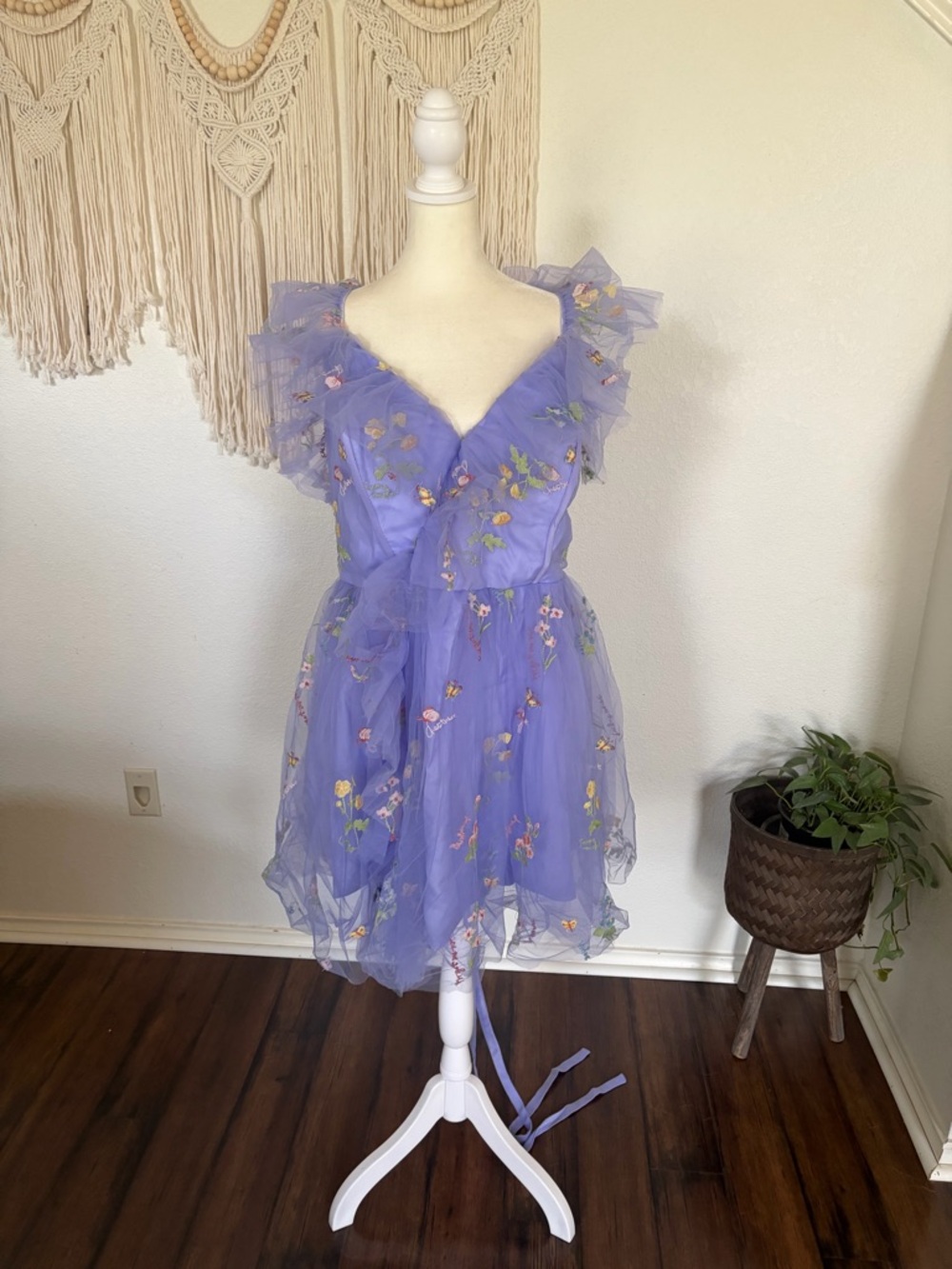 Lilac Floral Tulle Dress with Ruffle Shoulders